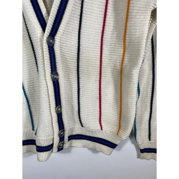 Vintage OP Cardigan Sweater Mens Large Rainbow Stripe White Chunky Knit Grandpa - Picture 4 of 13